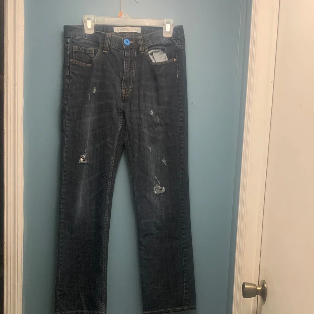 Urban Man Men's Straight Dark Blue Distressed Jeans